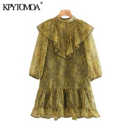 Women Chic Fashion Leopard Print Ruffled Mini Dress Half Sleeve Animal Pattern Female Dresses Vestidos 210420