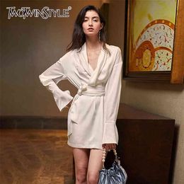 Elegant White Dress For Women V Neck Flare Sleeve High Waist Lace Up Minimalist Casual Mini Dresses Female 210520