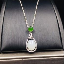 Natural 925 Silver Excellent Inlaid Green Beads White Jade Pendant Necklace