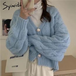 Syiwidii Women's Sweater Crop Cardigan for Women Autumn Winter Korean Fashion Knitting Blue Jacket Criss-Cross Outerwear 211011