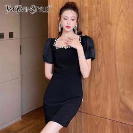Black Patchwork Diamond Dress For Women Square Collar Puff Sleeve High Waist Hollow Out Sexy Dresses Female Fashion 210520