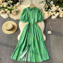Spring Summer A Line O Neck Single Breasted High Waist Women Dresses Vintage Floral Print Dress 210430