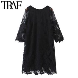 TRAF Women Chic Fashion Semi-Sheer Lace Trim Mini Dress Vintage Short Sleeve With Lining Female Dresses Vestidos Mujer 210415