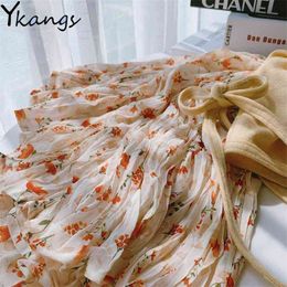 vintage Chiffon Floral printed Pleated Midi Skirt Women Elastic High Waist Long Skirts Summer Elegant Female Bottom Streetwear 210421