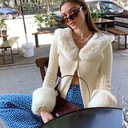 European New design women's fashion faux fur collar fur cuff patchwork thread knitted sweater cardigan short coat plus size SML