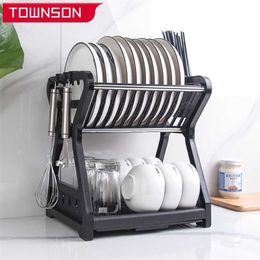 Double-layer kitchen storage rack Drain bowl Kitchen Organiser accessories Drainable shelf Cutlery 211112