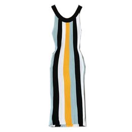 Yellow Rose Red Sleeveless Knitted Striped Patchwork Halter Tank Sexy Knee Length Dress Club D1361 210514