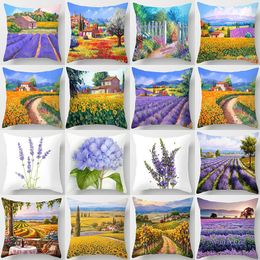 Lavender Pillow Case Beautiful Plant Landscape Painter Living Sofa and Car Cushion Cover Home Decoration 45*45CM T500638