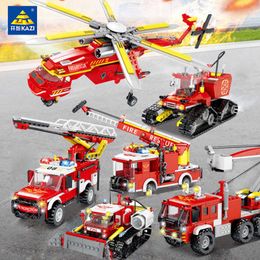 KAZI City Fire Fighting Rescue Building Blocks Fire Ladder Truck Water Spray Emergency Helicopter Educational Toys For Children Q0624