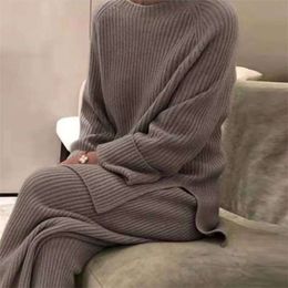 Women Autumn Knitted Long Sleeve Tops Wide Leg Pants Set Casual Loose 2PC Lady O-Neck Sleepwear Suits Classic Solid Femme Outfit 210925