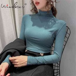 Spring Basic T-shirt Women Modal Cotton Stretchy Half Turtleneck Letters Slim Long Sleeve Casual Tops Tee T01403Y 210421