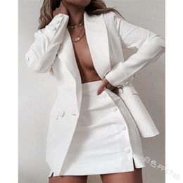 Solid Colour Suit Blazer Small Jacket Short Skirt Two Piece Set Ladies Retro Chic Top Casual Mini 220221