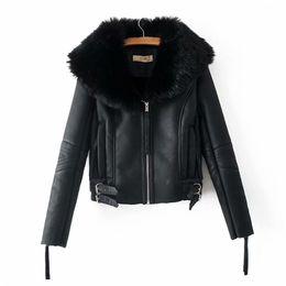 fashion women faux lamb wool fur leather jacket winter streetwear lady black outerwear with soft collar cool female suits 210527