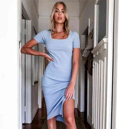vinatge knitted blue dress women autumn ribbed bodycon ladies long white winter side slit maxi sweater 210427