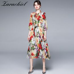 Fashion Runway Summer Chiffon Dresses Women's Lantern Sleeve Bow Collar Elegant Rose Floral Printed Beach Boho Long Dress 210416