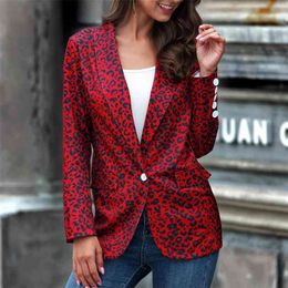 Autumn Leopard lady jacket coats women Print Long Sleeve Lapel Button Small Blazer suit female s coat 210508