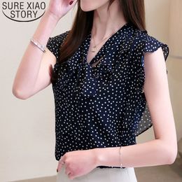 Fashion Women And Blouses Ladies Tops Harsjuku Chiffon Blouse Shirt Sleeveless Bow Polka Dot V-Neck 4126 50 210415