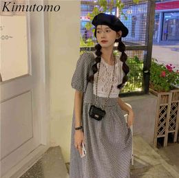 Kimutomo Patchwork Plaid Dresses Women O-neck Lace Short Sleeve Slimming Waist Robe Female Korean Style Summer Elegant 210521