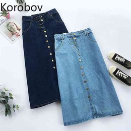 Korobov Preppy Style A-Line Women Skirts Korean High Waist Single Breasted Denim Skirts Vintage Pockets Faldas Mujer 210430