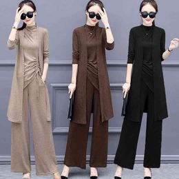 Women Tracksuit Long Sleeve Cardigan and Sleeveless Pullover Tops Wide Leg Pants Suit Women's Sets Knitted 3 Pieces Set 984A 210420