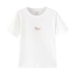 PERHAPS U White Tees Top T Shirt Short Sleeve Unicorn Embroidery O Neck Summer B0108 210529