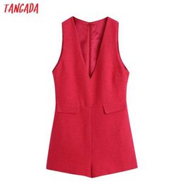 Tangada Women Red Tweed Playsuits Vintage V Neck Sleeveless Back Zipper Fashion Female Jumpsuits Mujer BE81 210609