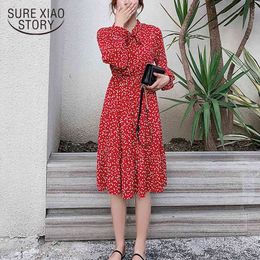 Mid-calf Autumn Fashion Women Chiffon Floral Dresses Elastic Waist A-line Long Flare Sleeve Dress 7145 50 210417