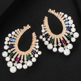 Brand Luxury Cubic Zircon Charm Pearls Nigerian Drop Dangle For Women Bridal Earring aretes de mujer modernos
