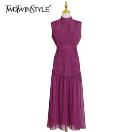 Vintage Ruched Dress For Women Stand Collar Sleeveless High Waist Chiffon Midi Dresses Female Fashion 210520