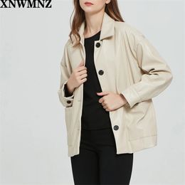 Women boy friend black faux leather jacket coat pocket Ladies Long Sleeve loose oversize Coat High quality 210520