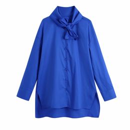 Women Stand Collar Lace Up Bow Tie Royal Blue Shirt Female Long Sleeve Blouse Casual Lady Loose Tops Blusas S8730 210430