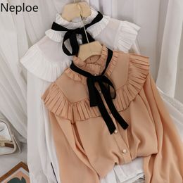 Neploe Blouses Women Spring Shirts Lace Up Bow Chic Pearl Button Blouse Loose Pleated Flare Sleeve Sweet Blusas Mujer 94838 210422