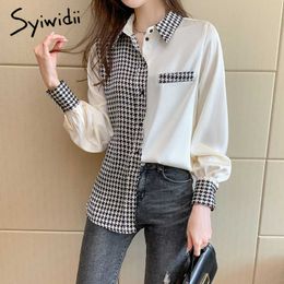 Syiwidii Houndstooth Satin Blouse Women Office Lady Spliced Tops Patchwork Korean Fashion Clothing Shirt Long Sleeve Beige 210721