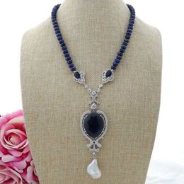 19'' Faceted Rondelle Lapis Necklace Keshi Pearl cubic zirconia pave silver Colour plated Pendant necklace for women