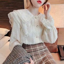 Fashion chiffon shirt spring doll collar all-match lace top loose Korean casual cardigan sale 210520