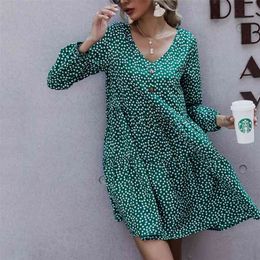 loose green casual dress women autumn winter ruffle short button floral polka dot elegant ladies long sleeve 210427