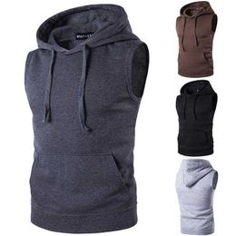 Mens Solid Sleeveless Hoodie Sweatshirt Casual Loose Drawstring Tops with Pockets Autumn Winter 210720