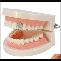 Grillz, Dental Body Drop Delivery 2021 Iced Out Zircon Gold Teeth Grillz Micro Pave Top And Bottom Grills Single Caps Vampire Tooth Jewelry 1