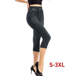 Summer New Women's High Elastic Imitation Jeans Leggings Slim Seamless High-waisted Push Up Hip Seven-point Plus Size Pants Lady Q0801