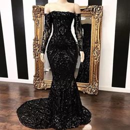 Off Vestidos The Shoulder Mermaid Prom Dresses Vintage Black Long Sleeve Sweep Strain Sequined Formal Evening Dress Party Gowns Bc1454