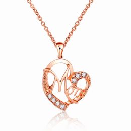 Fashion Letter MOM Heart Shape Inlaid Crystal Pendant Necklace Mothers Day Gift Jewelry