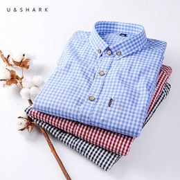 U&SHARK Small Plaid Shirts Men Long Sleeve Casual Shirts Office Slim Autumn Korean Clothes Stylish Male Social Checkered Shirt 210603