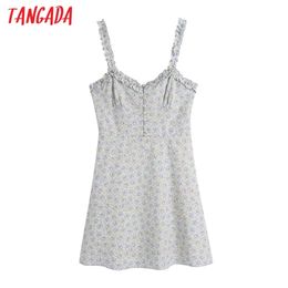 Women Chic Fashion Buttons Floral Print Summer Mini Dress Vintage Back Elastic Ruffled Straps Female Dresses BE547 210416