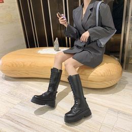 Women Combat Boots Antumn 2020 Female High Platform Gothic Shoes Black Leather Boots Lace Up Women Knee High Boots45465