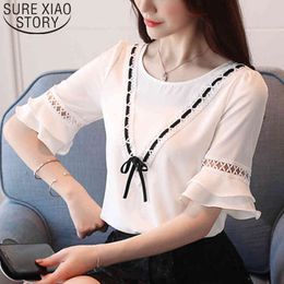 Summer Office Lady V-neck White Blouse Short Sleeve Solid Colour Elegant Bow Chiffon Women Women's Tunic 8851 50 210510