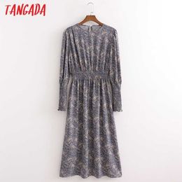 Tangada Fashion Women Vintage Flowers Print Dress Strethy Waist Long Sleeve High Street Ladies Midi Dress 1D107 210609