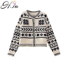 H.SA Woman Sweaters Folral Oneck Retro Vintage Crop Snowflake Knitting Coat Chrisrmas Sweater Cardigans 210417