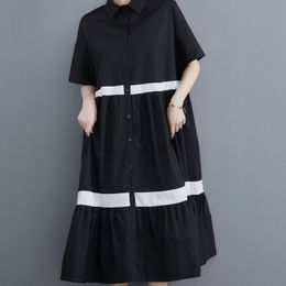 Women Black Elegant Big Size Spliced Shirt Dress Lapel Short Sleeve Loose Fashion Summer Casual 16F1338 210510