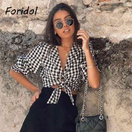 Bowknot Plaid Vintage Crop Tops Women Spring Summer V Neck Checkered Retro Laides Blouse Shirts Long Sleeve Cotton 210427