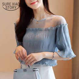 Korean Style Mesh Off-Shoulder Tops Sex Hollow Out Office Lady Shirt Chiffon Blouse Woman Short Sleeve Solid Colour 9024 50 210508